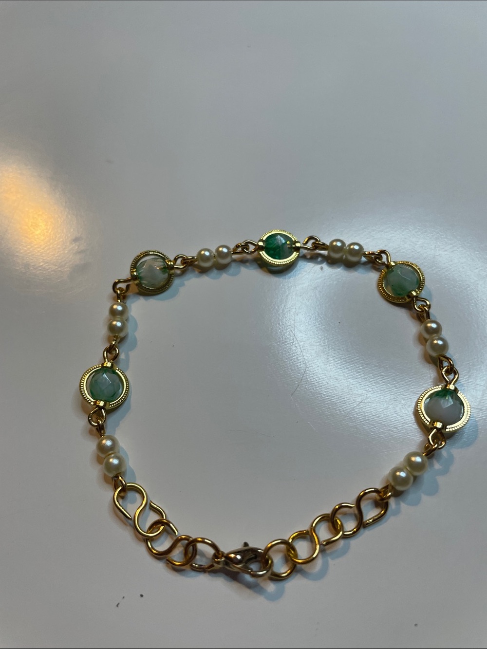 Gold-Tone Green Beaded and Faux Pearl Link Bracelet